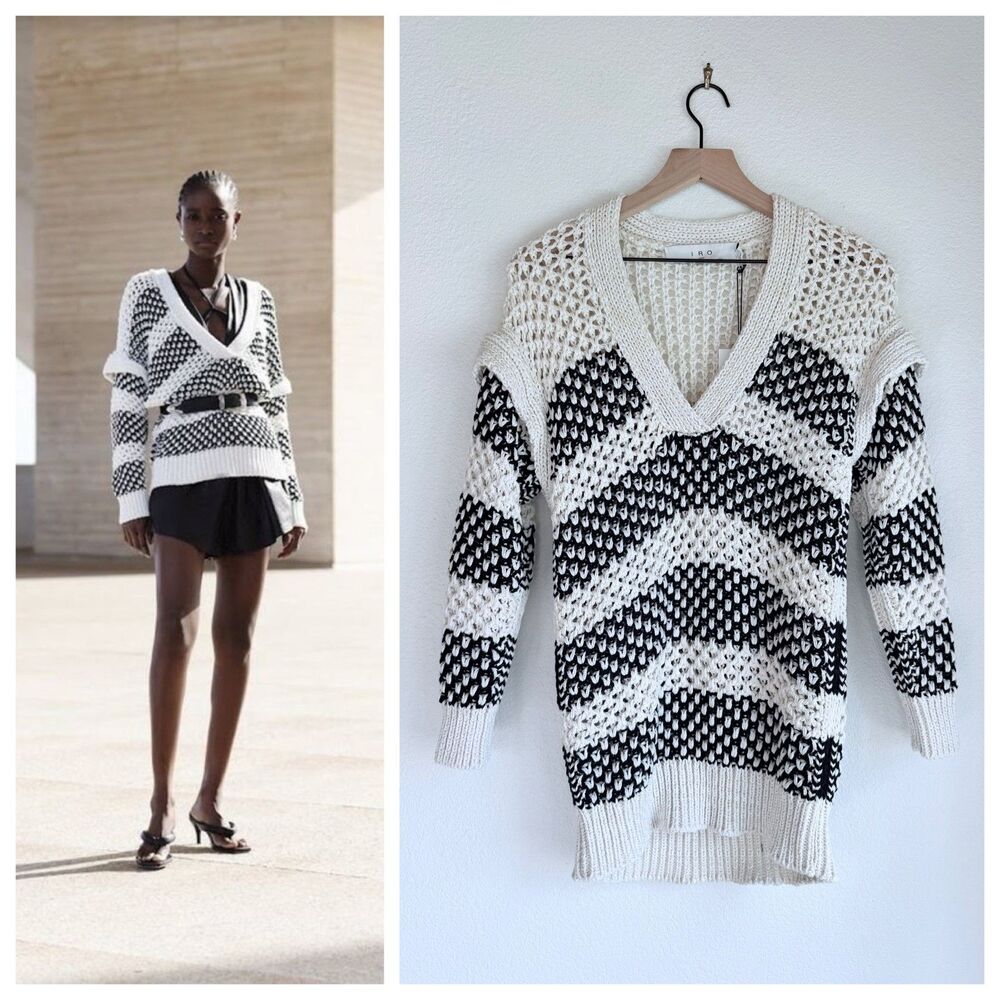 NEW IRO Paris Lamina Open Knit Deep V-Neck Striped Sweater in Ecru & Black Sz XS
